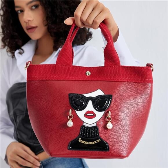 Quirky Lady Face Handbag - PU Leather Satchel, Top Handle Shoulder Bag - Picture 2 of 6